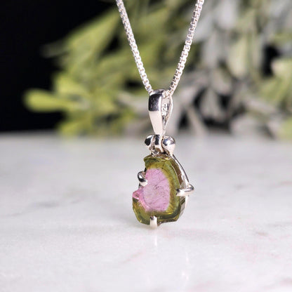 Watermelon Tourmaline Slice Pendant, Sterling Silver