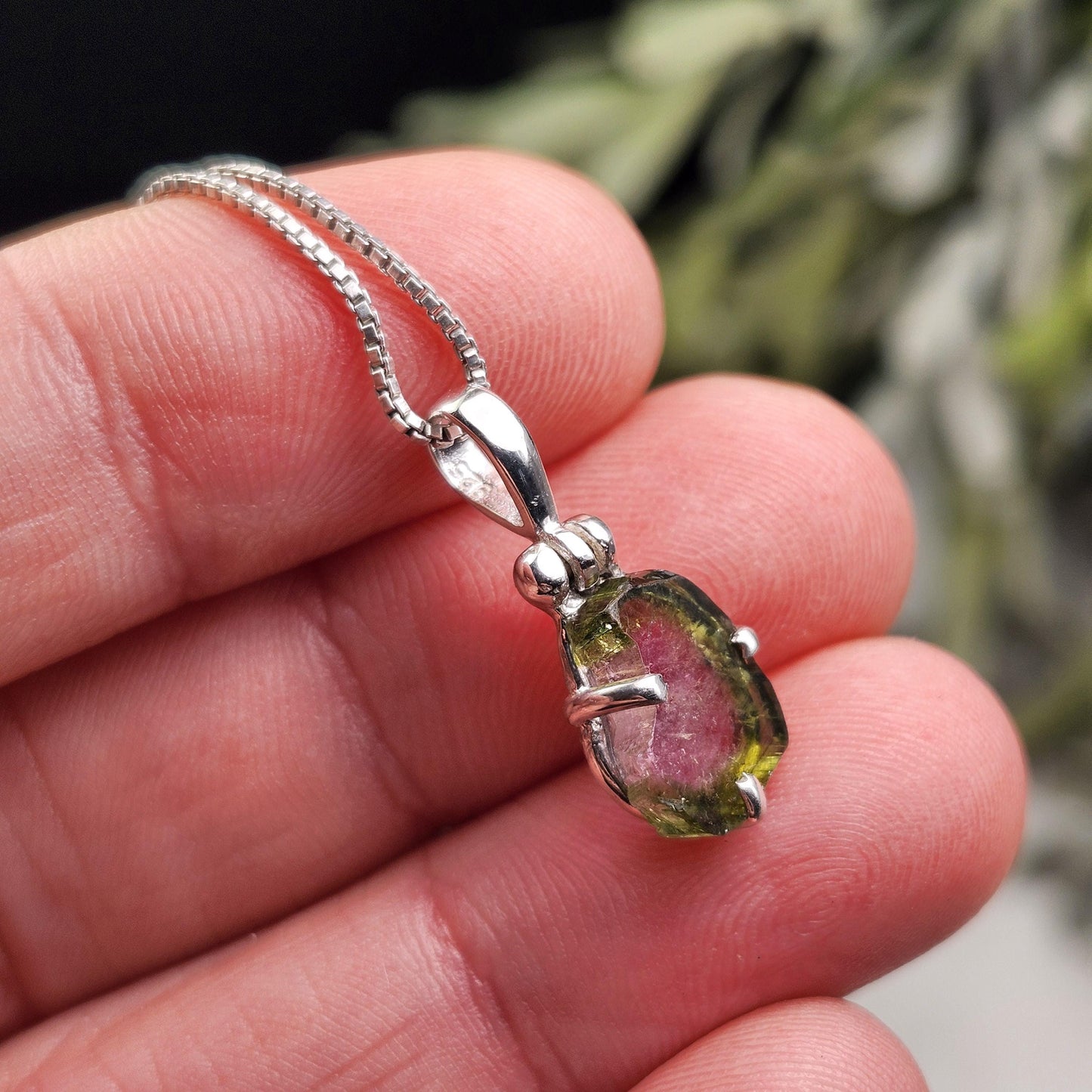 Watermelon Tourmaline Slice Pendant, Sterling Silver