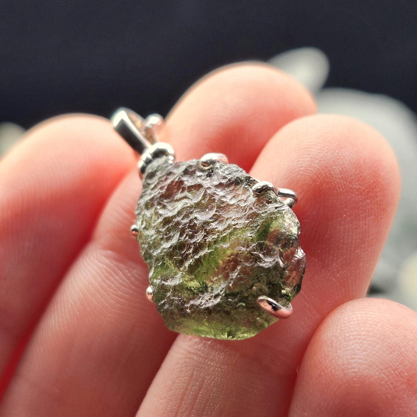 Genuine Moldavite Pendant, Sterling Silver