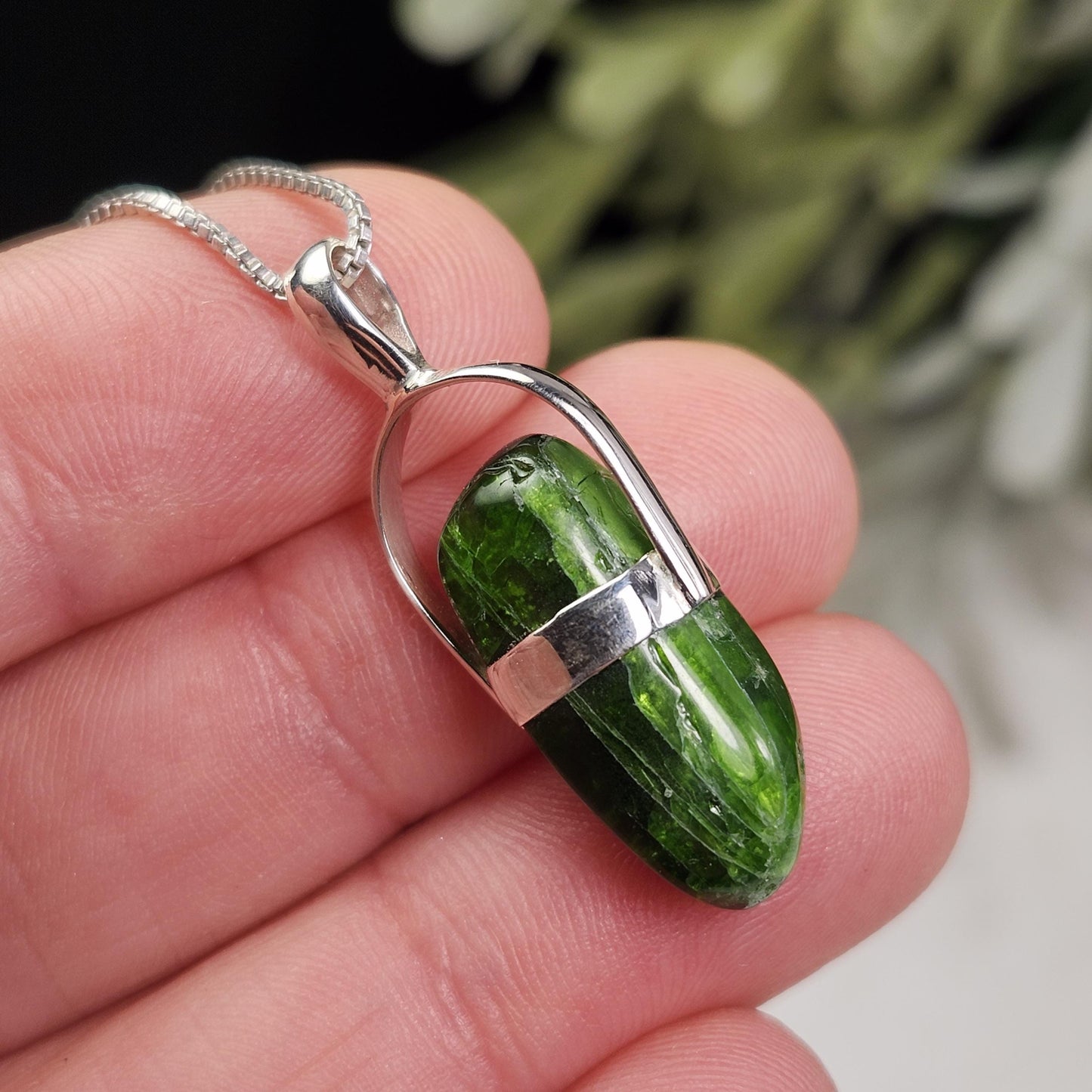 Chrome Diopside Crystal Pendant, Sterling Silver Green Diopside Necklace