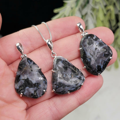 Mystic Merlinite Pendant, Sterling Silver Indigo Gabbro Merlinite Necklace from Madagascar