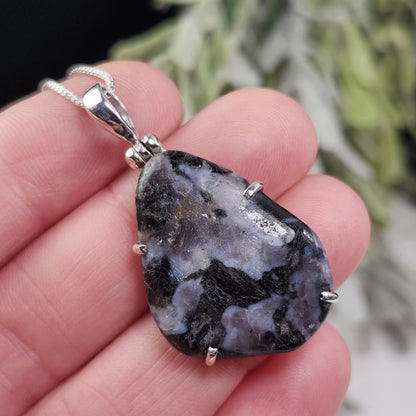 Mystic Merlinite Pendant, Sterling Silver Indigo Gabbro Merlinite Necklace from Madagascar