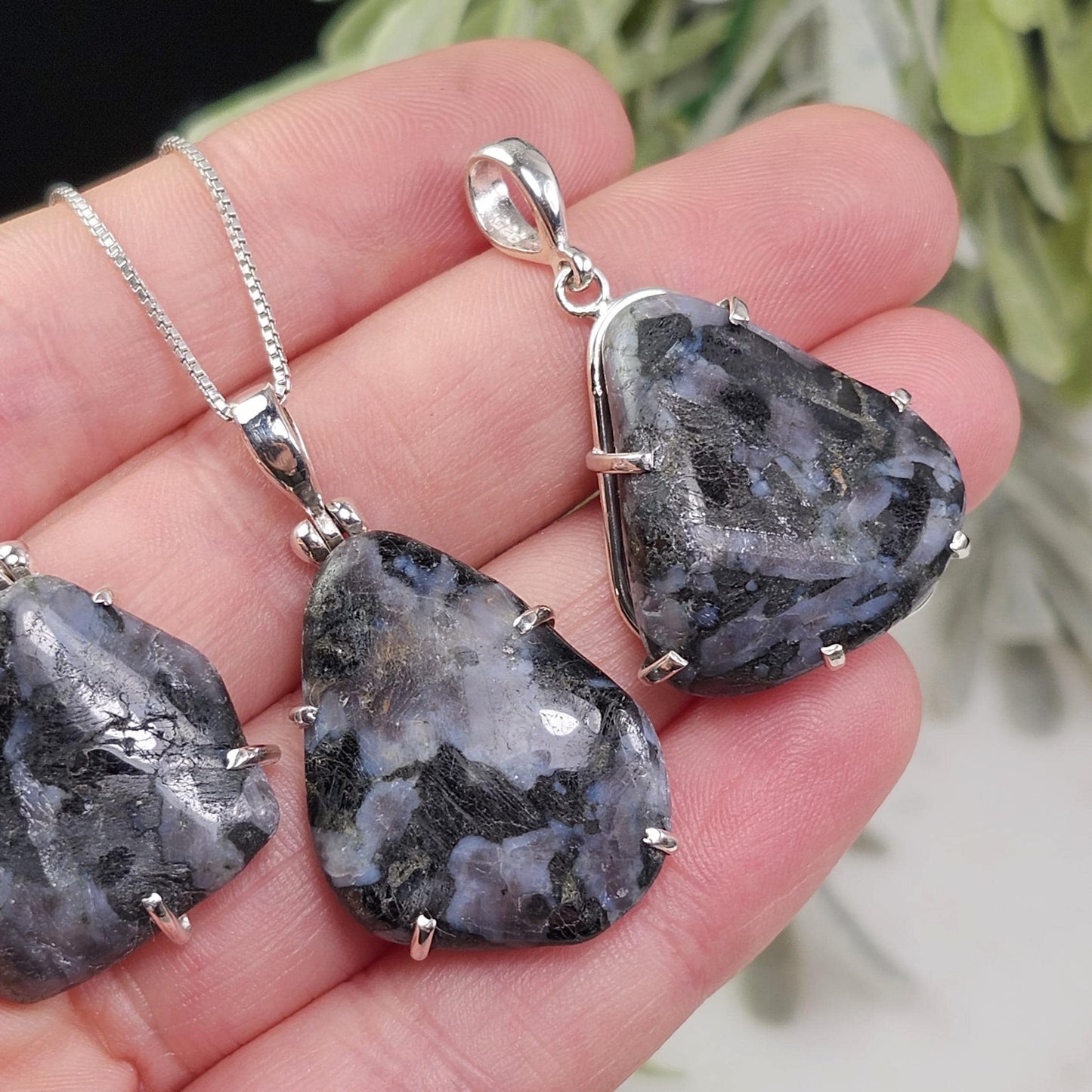 Mystic Merlinite Pendant, Sterling Silver Indigo Gabbro Merlinite Necklace from Madagascar