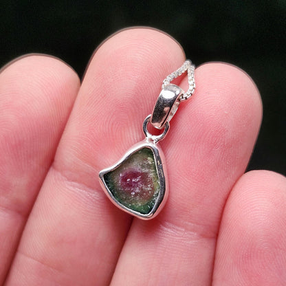 Watermelon Tourmaline Slice Pendant, Sterling Silver
