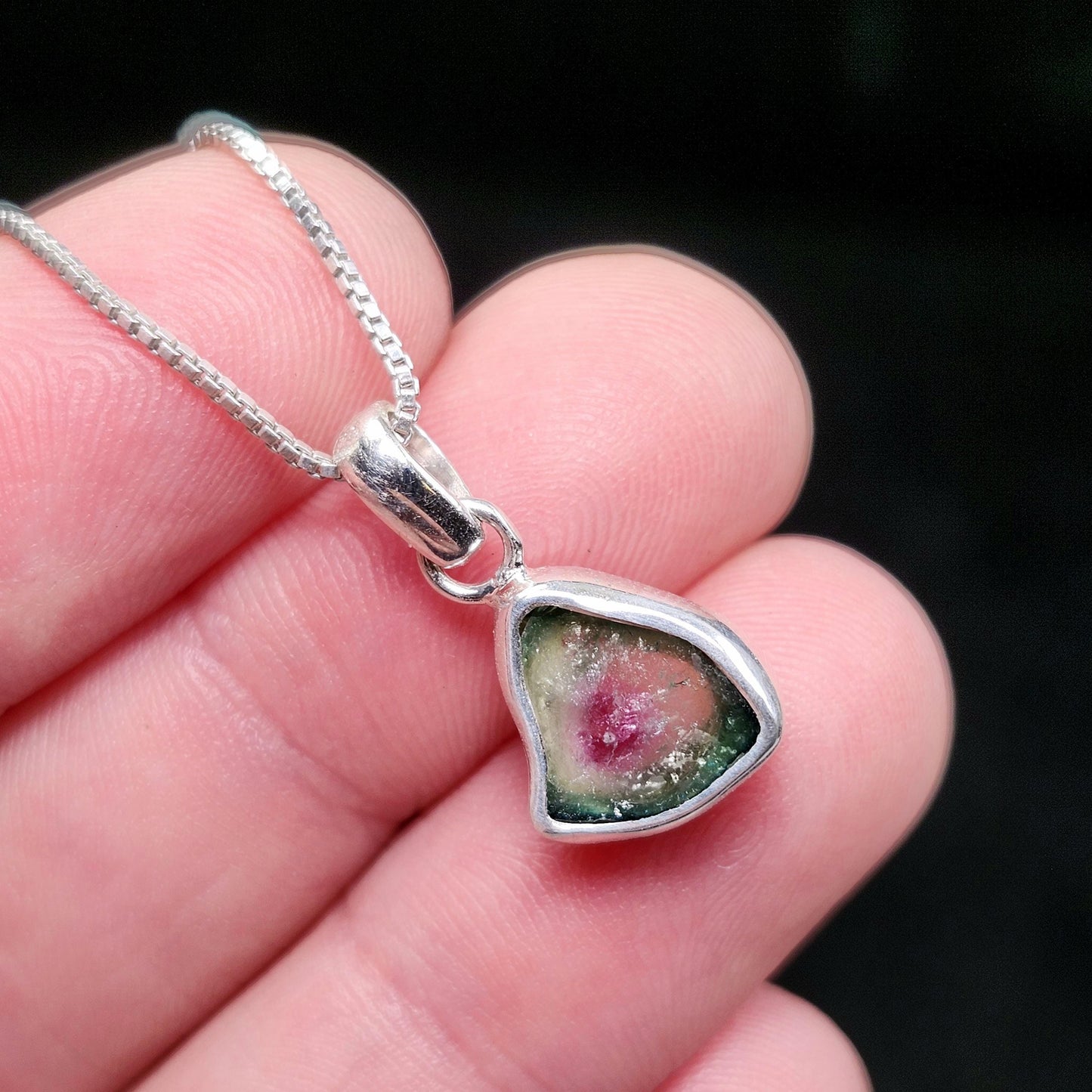 Watermelon Tourmaline Slice Pendant, Sterling Silver