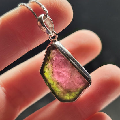 Watermelon Tourmaline Slice Pendant, Sterling Silver