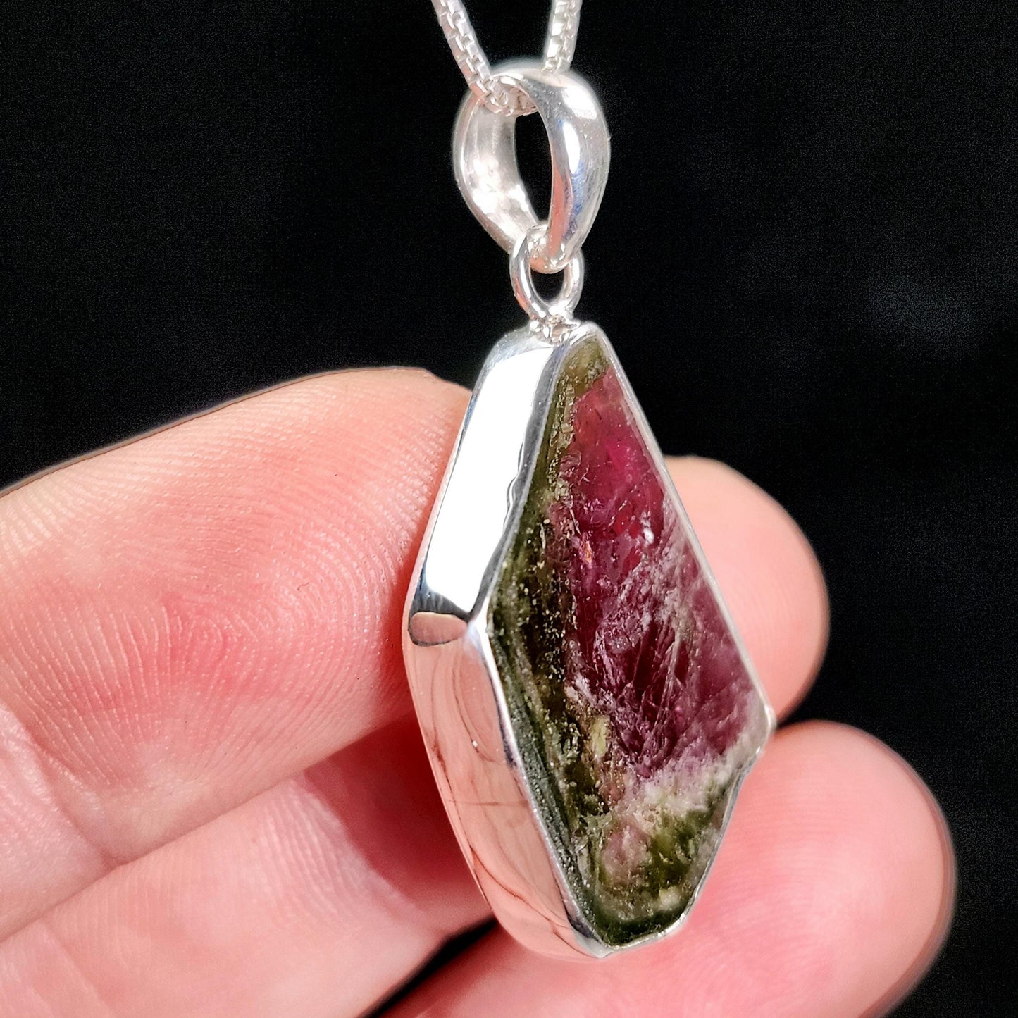 Watermelon Tourmaline Slice Pendant, Sterling Silver