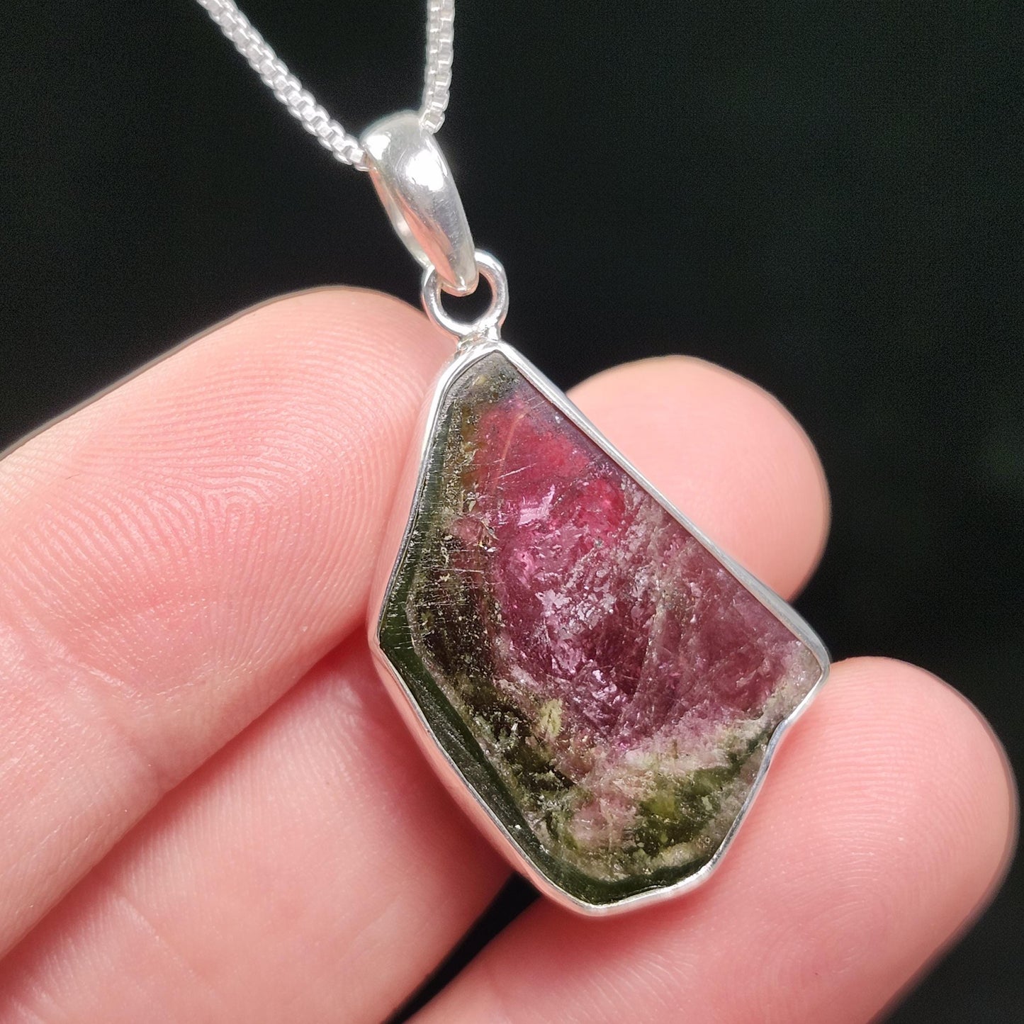 Watermelon Tourmaline Slice Pendant, Sterling Silver
