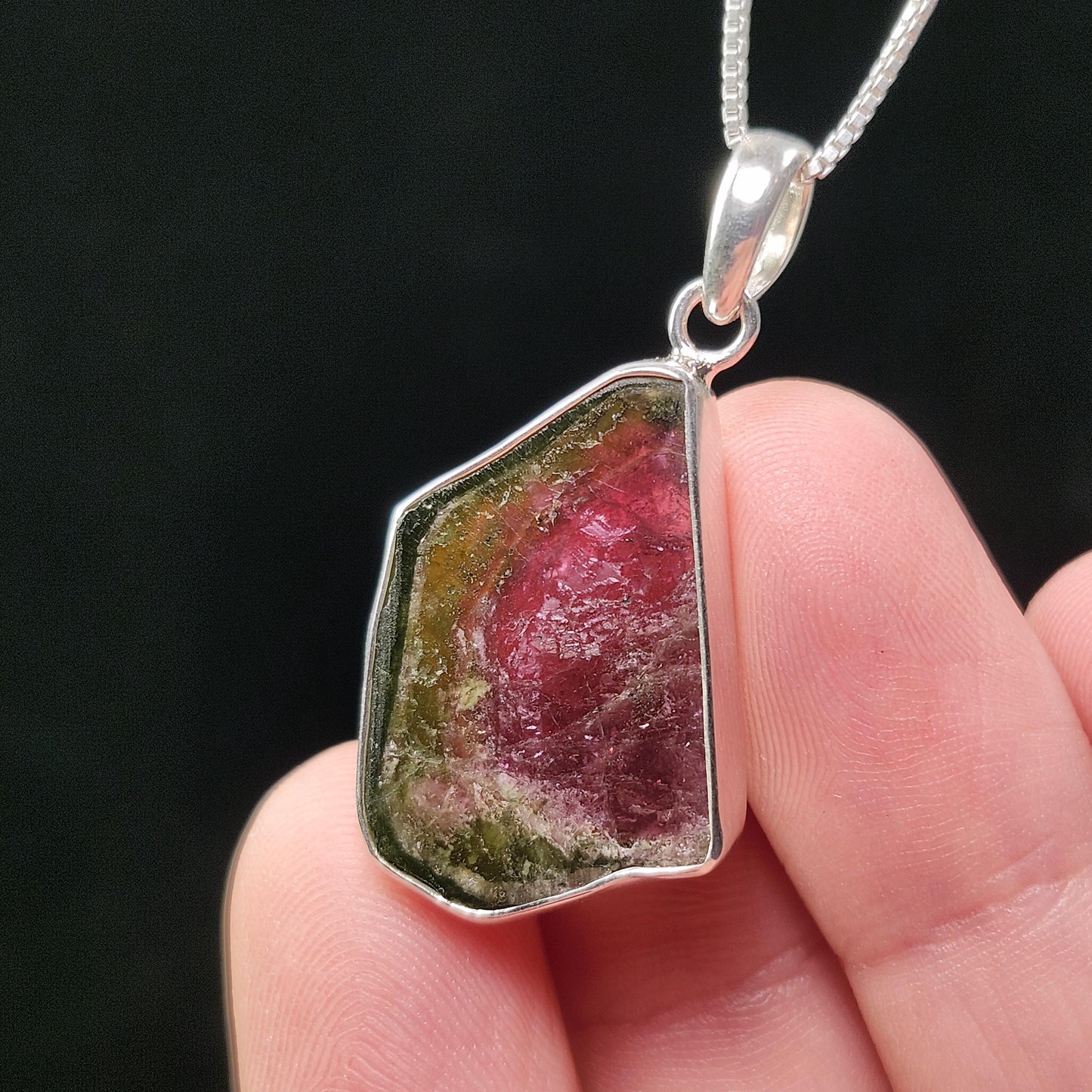 Watermelon Tourmaline Slice Pendant, Sterling Silver