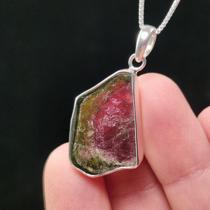 Watermelon Tourmaline Slice Pendant, Sterling Silver