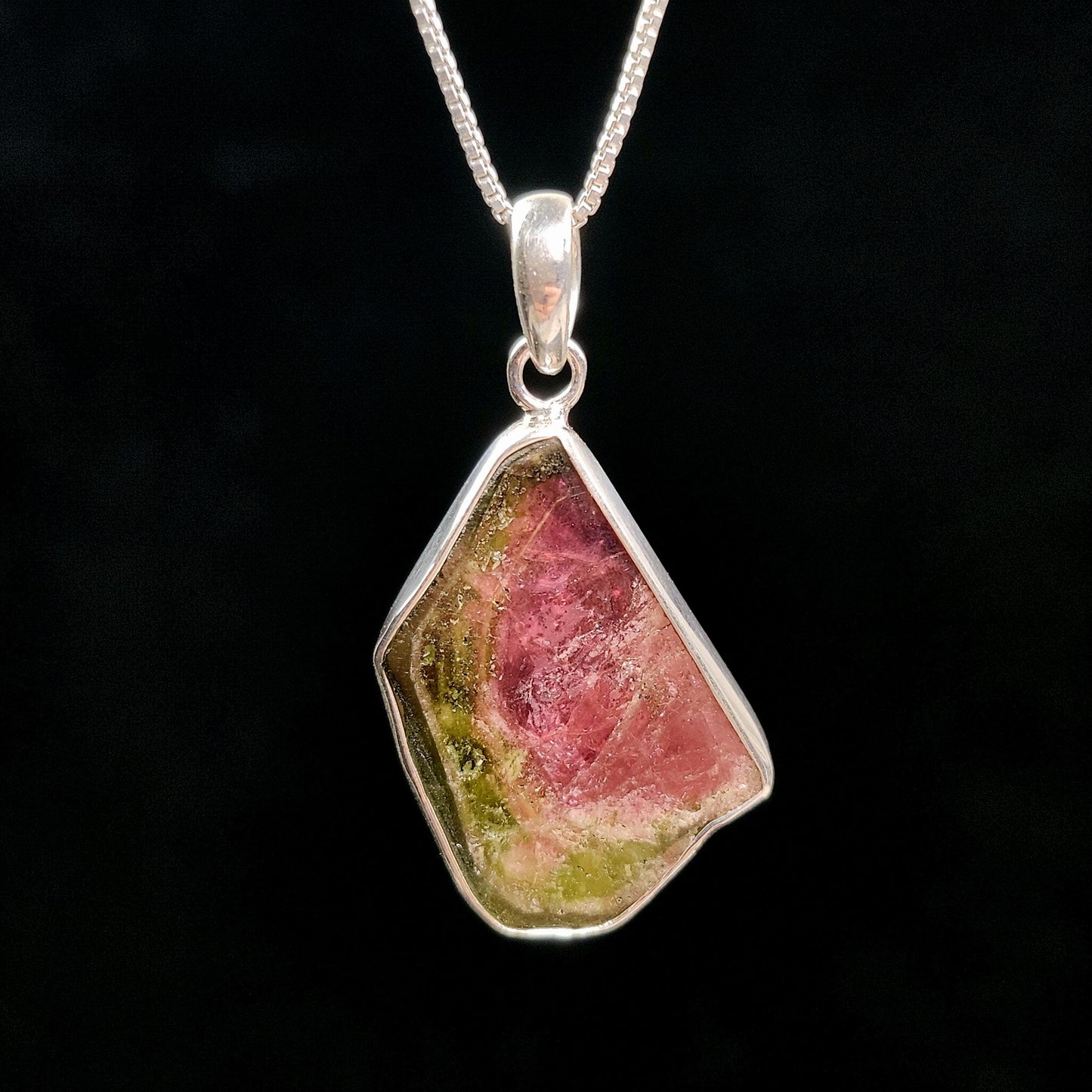 Watermelon Tourmaline Slice Pendant, Sterling Silver