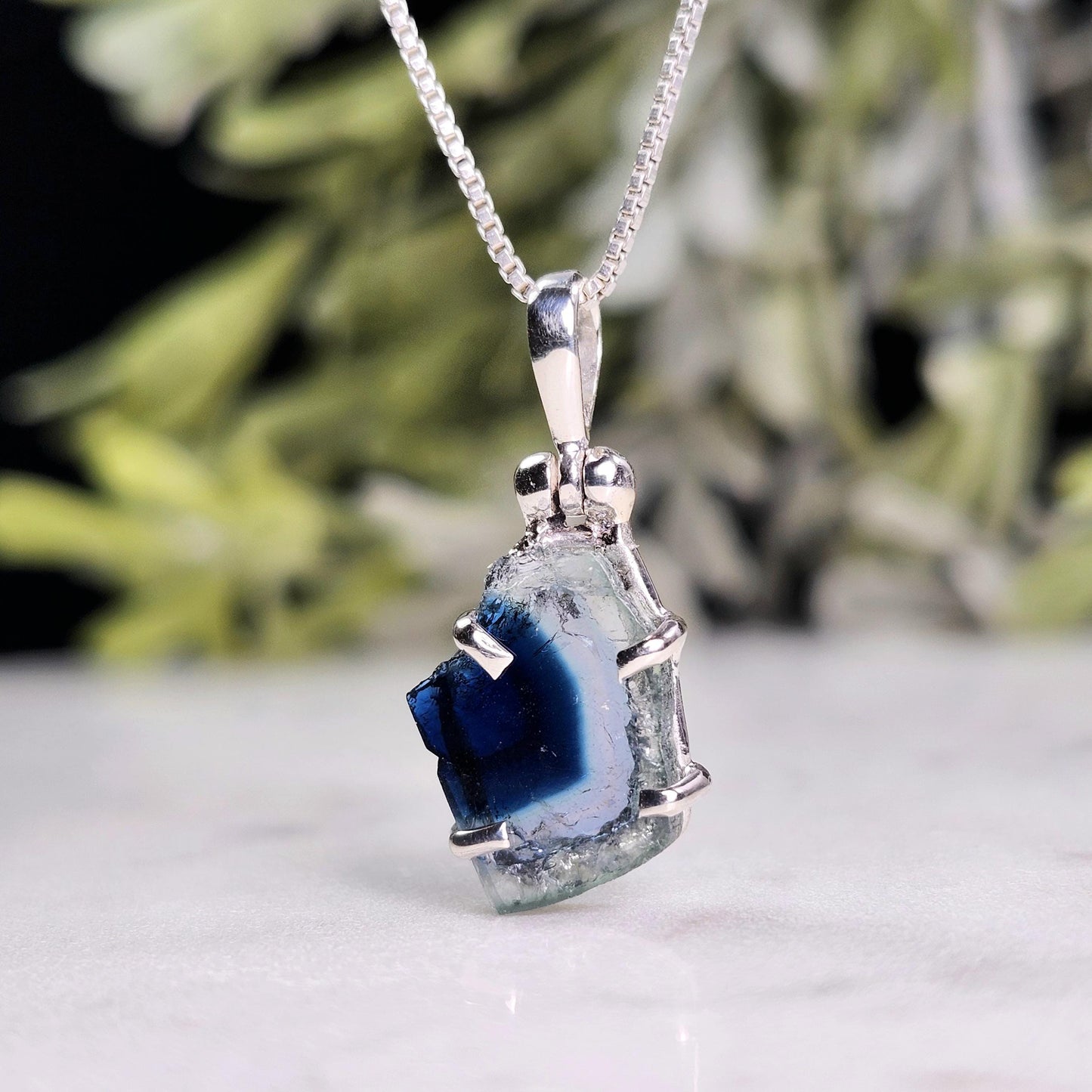 Blue Tourmaline Slice Pendant, Sterling Silver