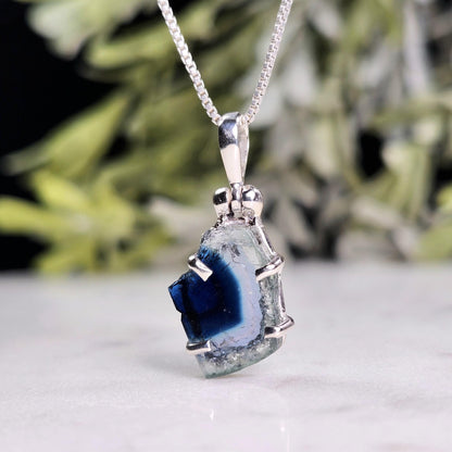 Blue Tourmaline Slice Pendant, Sterling Silver