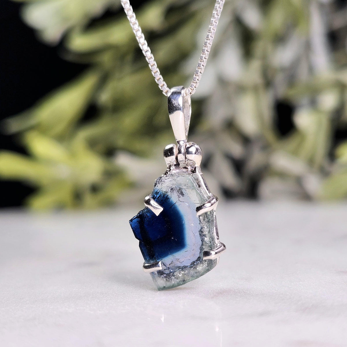Blue Tourmaline Slice Pendant, Sterling Silver