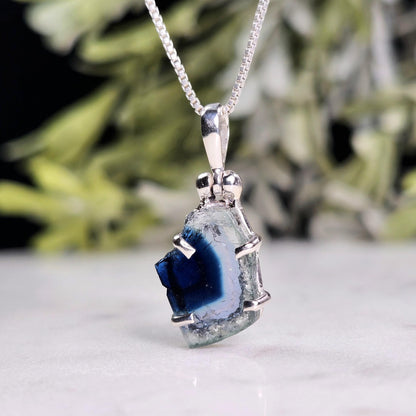 Blue Tourmaline Slice Pendant, Sterling Silver