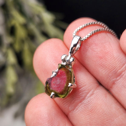 Watermelon Tourmaline Slice Pendant, Sterling Silver