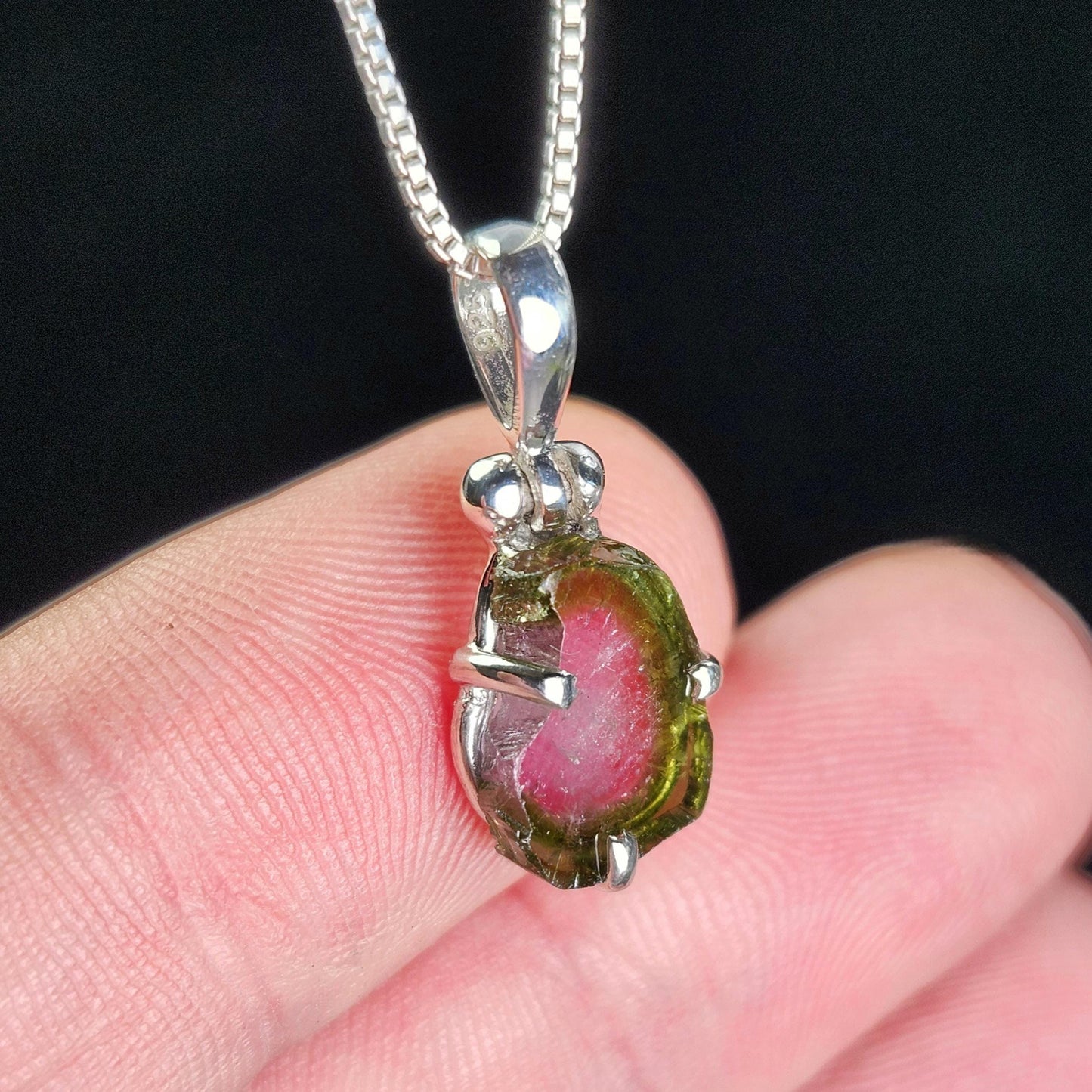 Watermelon Tourmaline Slice Pendant, Sterling Silver