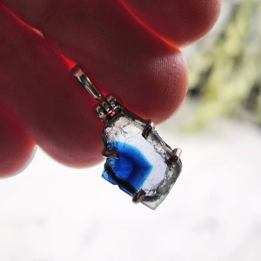 Blue Tourmaline Slice Pendant, Sterling Silver