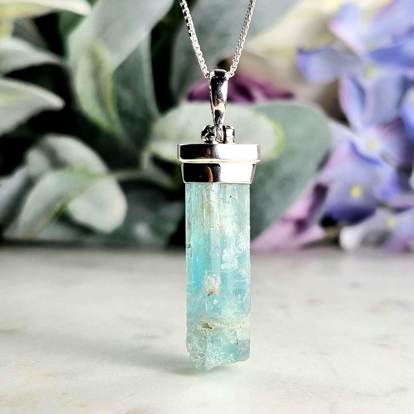 Aquamarine Pendant, Raw Blue Aquamarine Sterling Silver Pendant