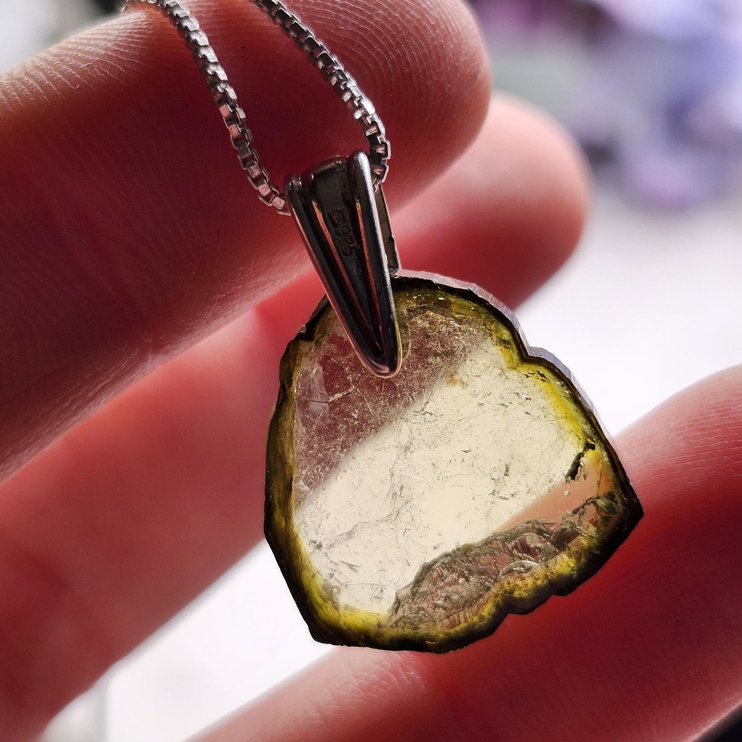 Green Tourmaline Slice Pendant, Sterling Silver Tourmaline Necklace