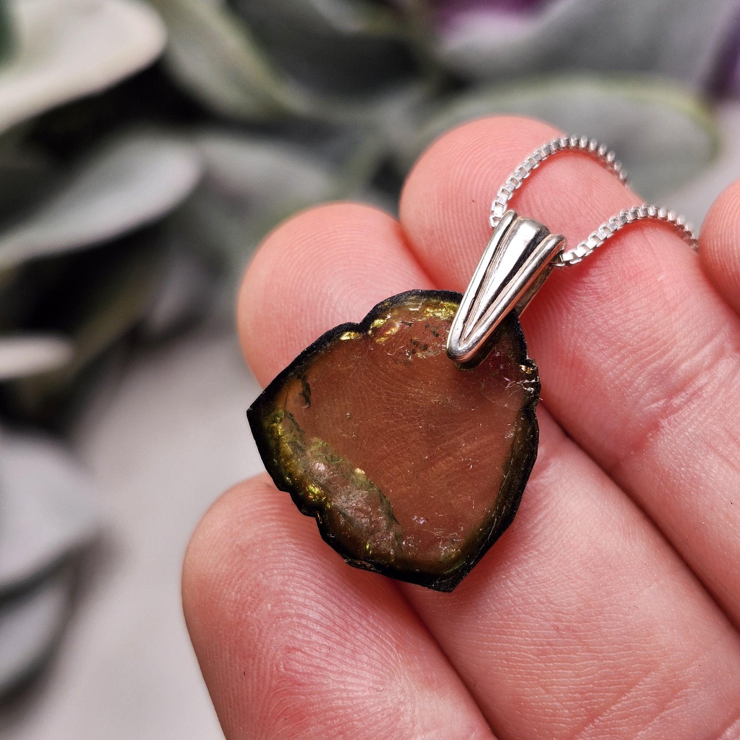 Green Tourmaline Slice Pendant, Sterling Silver Tourmaline Necklace