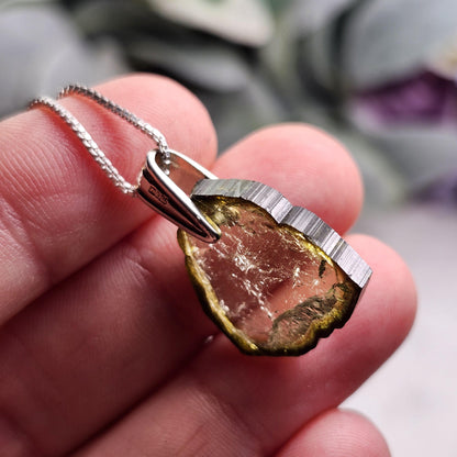 Green Tourmaline Slice Pendant, Sterling Silver Tourmaline Necklace