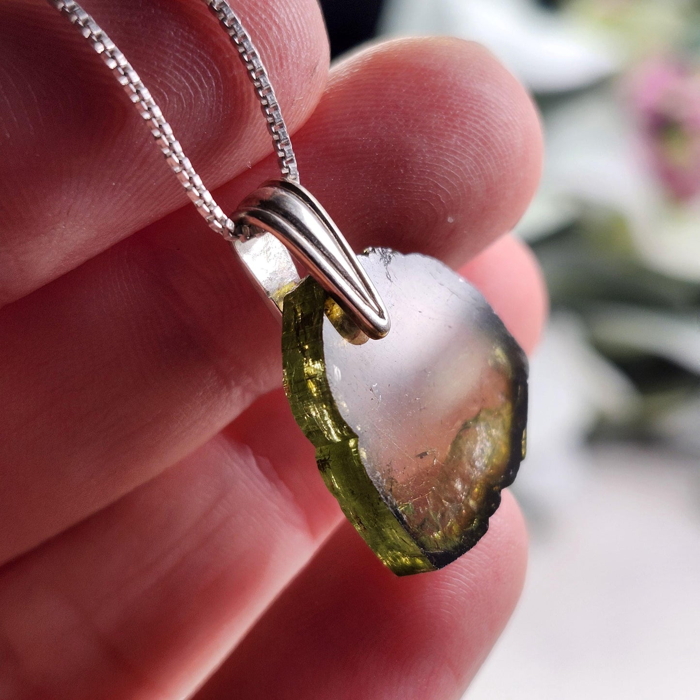 Green Tourmaline Slice Pendant, Sterling Silver Tourmaline Necklace