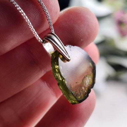 Green Tourmaline Slice Pendant, Sterling Silver Tourmaline Necklace
