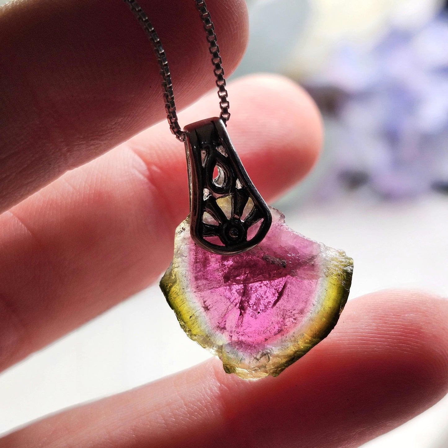 Watermelon Tourmaline Slice Pendant, Sterling Silver Tourmaline Necklace