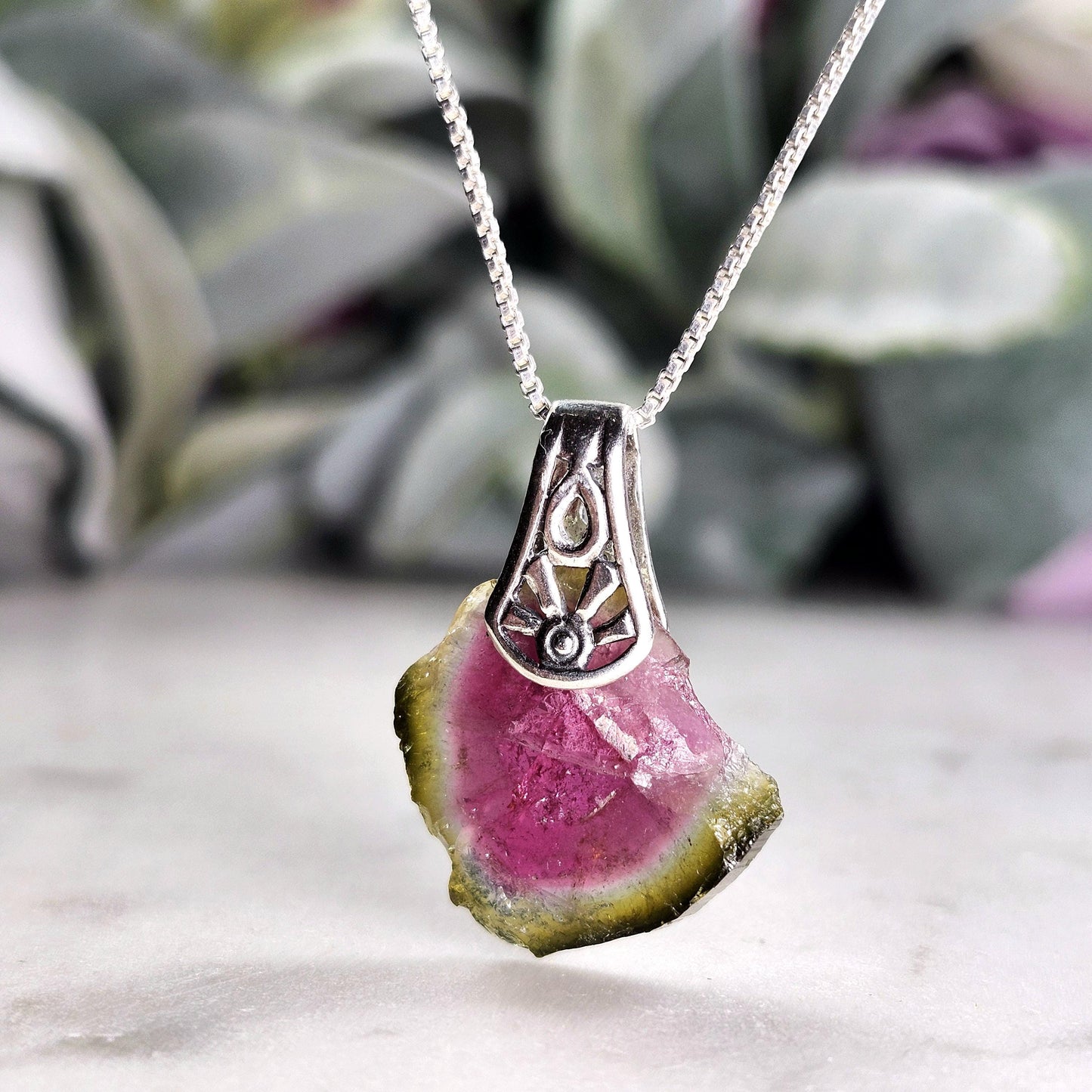 Watermelon Tourmaline Slice Pendant, Sterling Silver Tourmaline Necklace