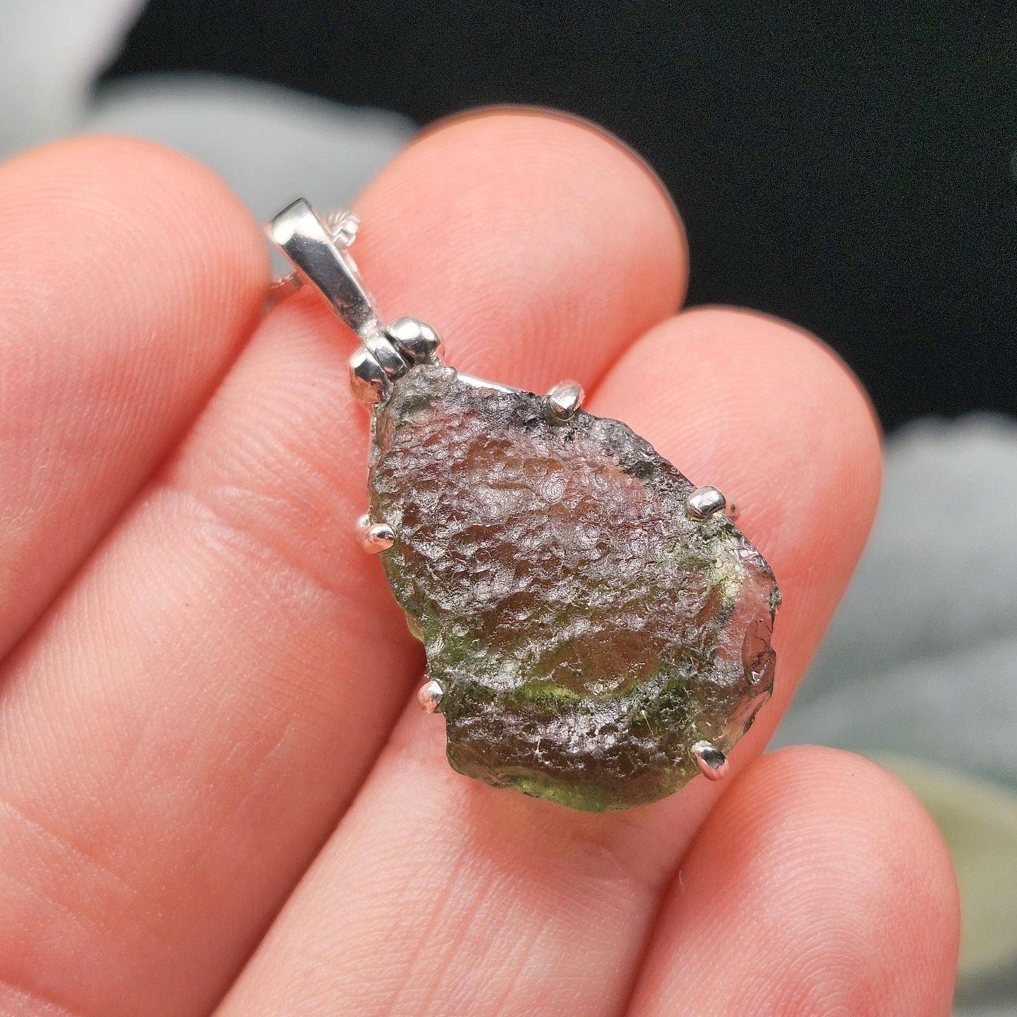 Genuine Moldavite Pendant, Sterling Silver