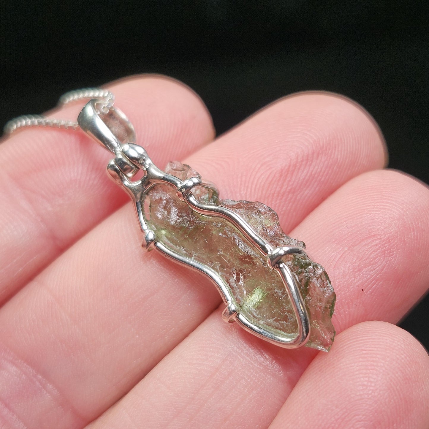 Genuine Moldavite Pendant, Sterling Silver