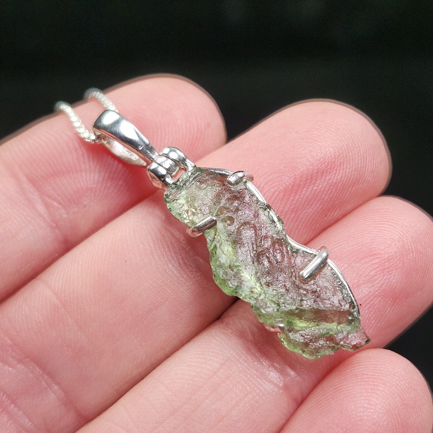 Genuine Moldavite Pendant, Sterling Silver