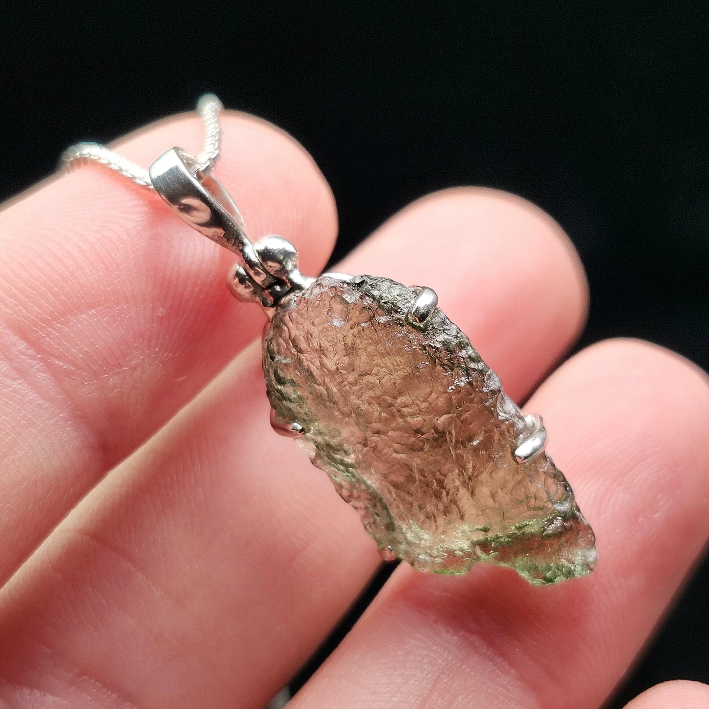 Genuine Moldavite Pendant, Sterling Silver