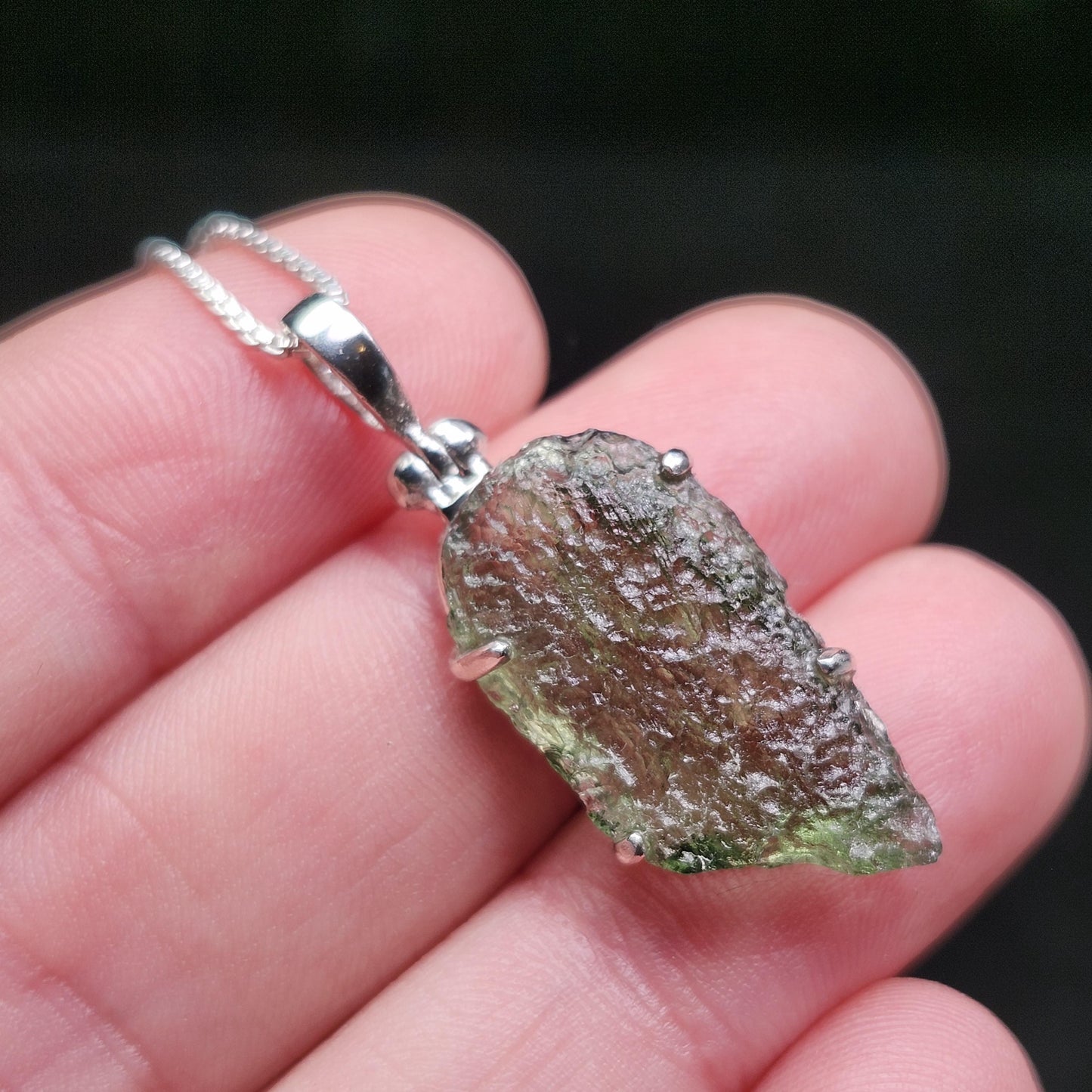 Genuine Moldavite Pendant, Sterling Silver