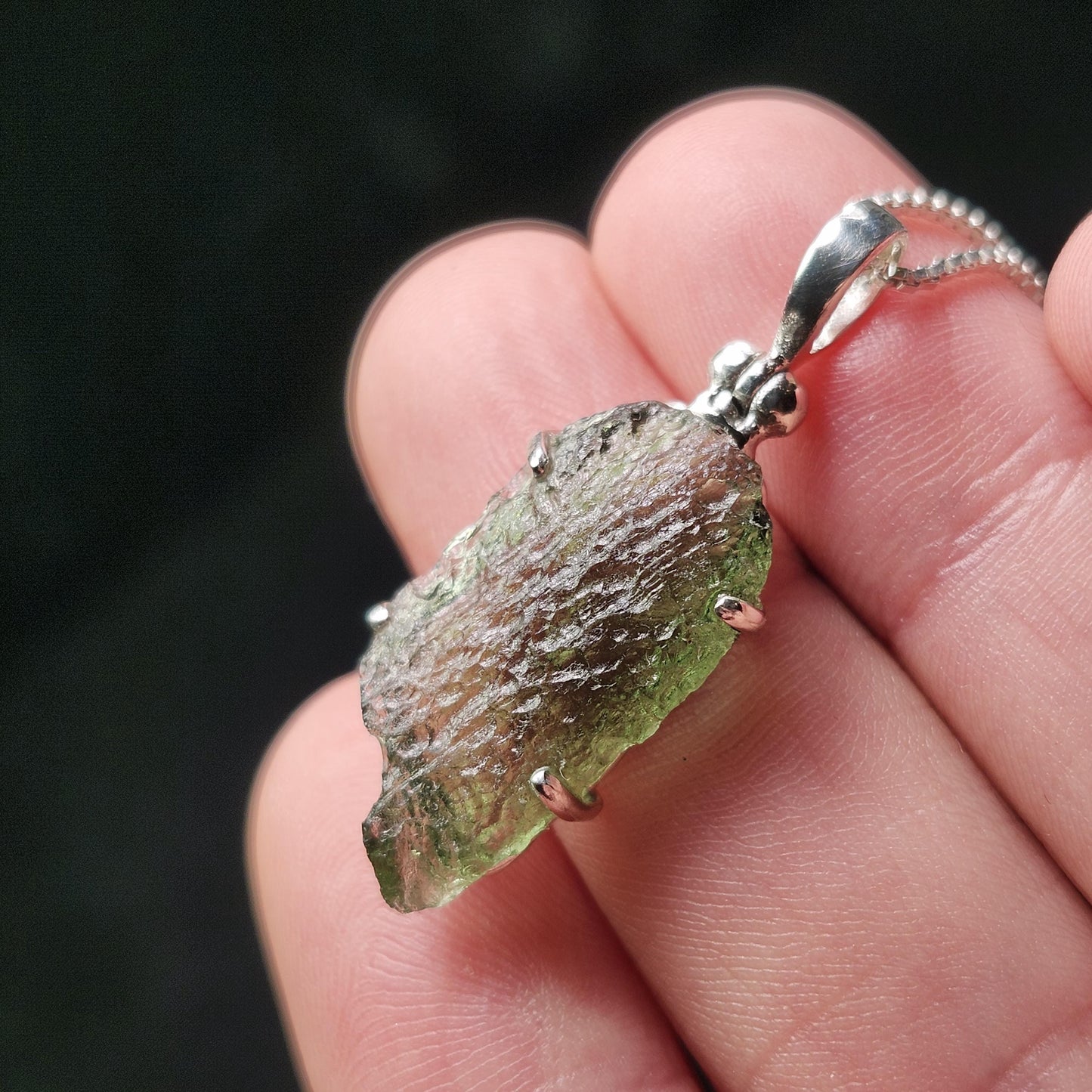 Genuine Moldavite Pendant, Sterling Silver