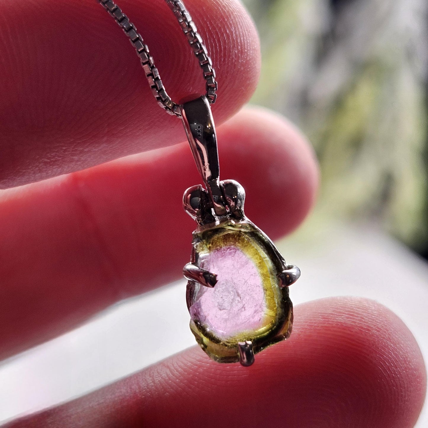 Watermelon Tourmaline Slice Pendant, Sterling Silver