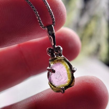 Watermelon Tourmaline Slice Pendant, Sterling Silver