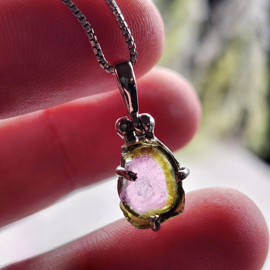 Watermelon Tourmaline Slice Pendant, Sterling Silver