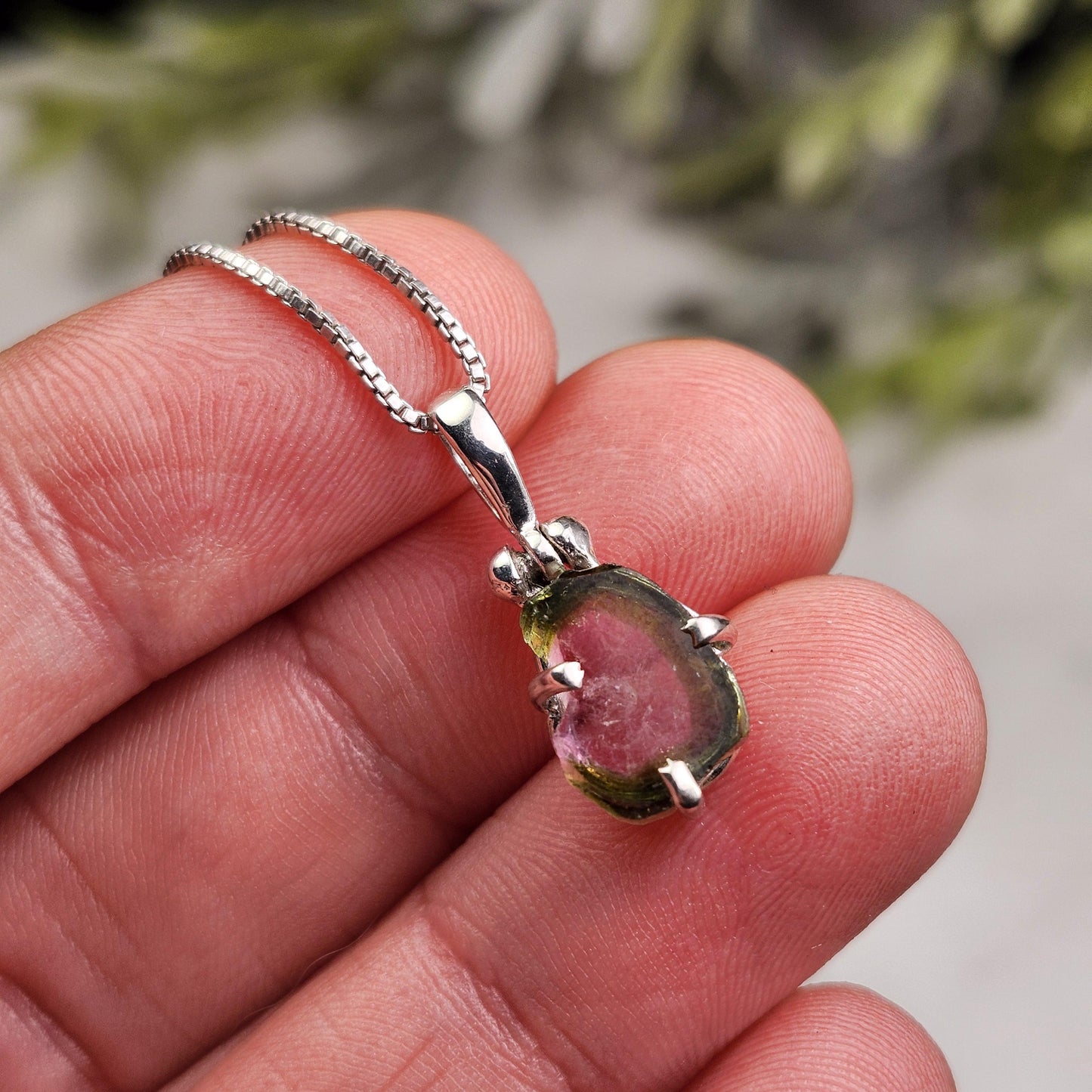 Watermelon Tourmaline Slice Pendant, Sterling Silver