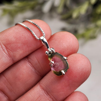 Watermelon Tourmaline Slice Pendant, Sterling Silver