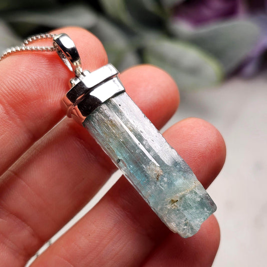 Aquamarine Pendant, Raw Blue Aquamarine Sterling Silver Pendant