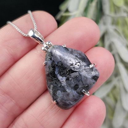Mystic Merlinite Pendant, Sterling Silver Indigo Gabbro Merlinite Necklace from Madagascar