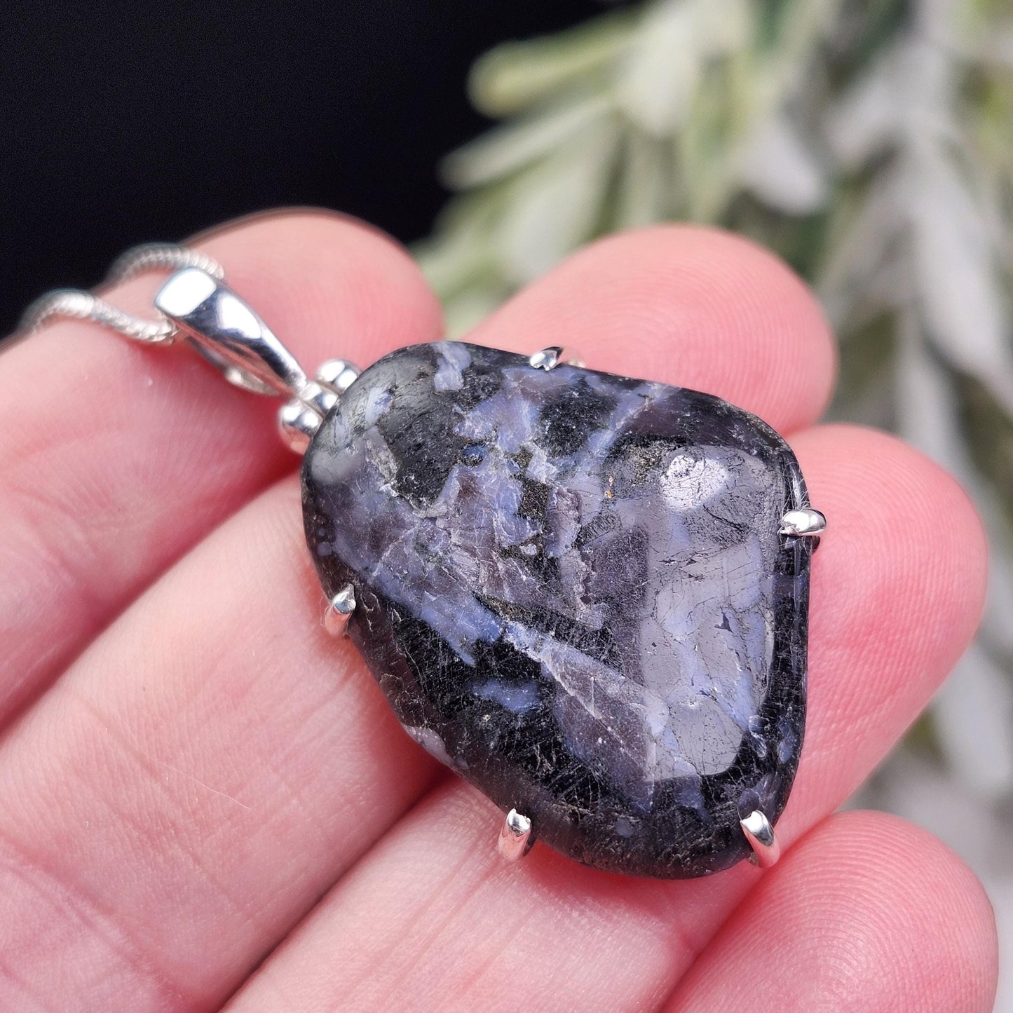 Mystic Merlinite Pendant, Sterling Silver Indigo Gabbro Merlinite Necklace from Madagascar