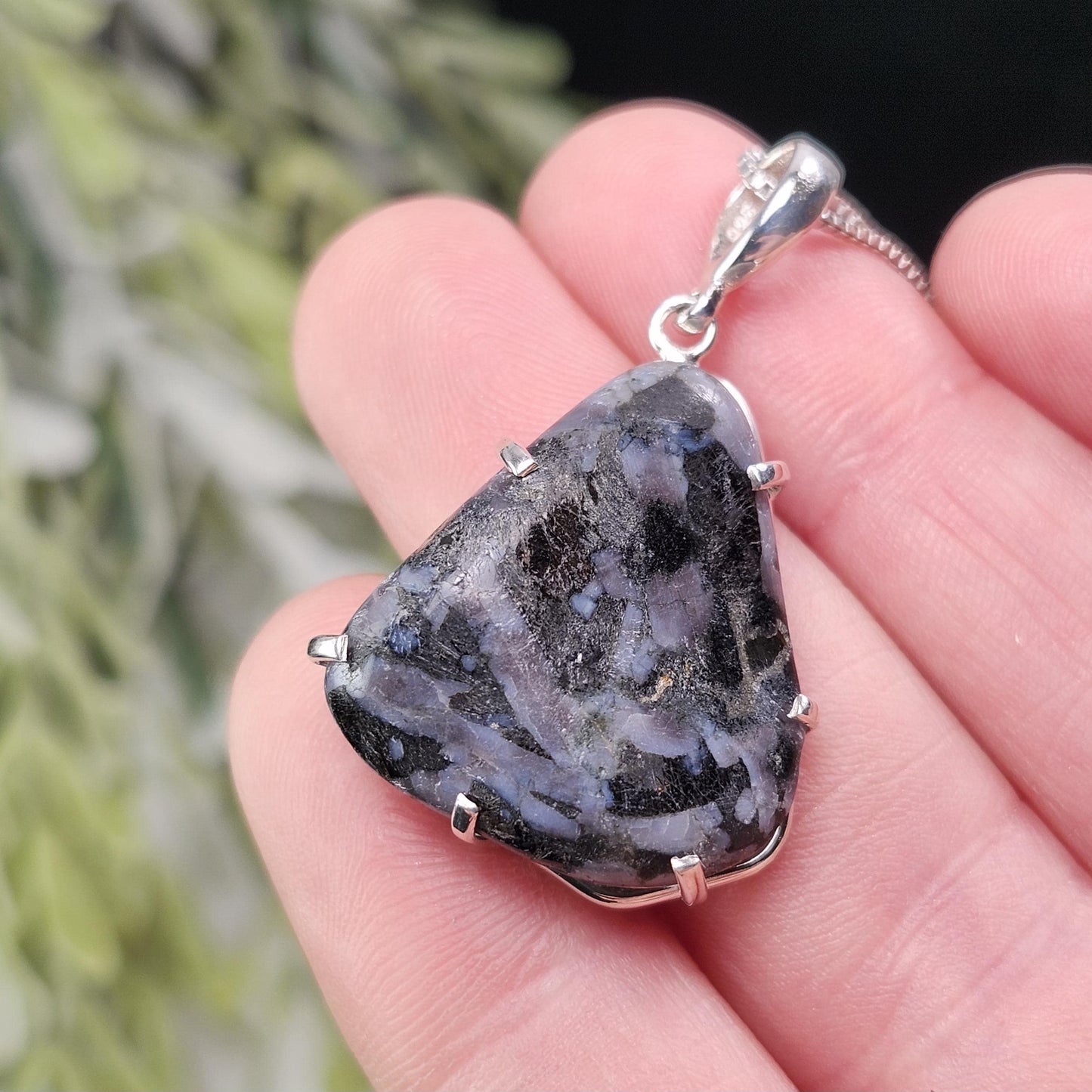 Mystic Merlinite Pendant, Sterling Silver Indigo Gabbro Merlinite Necklace from Madagascar