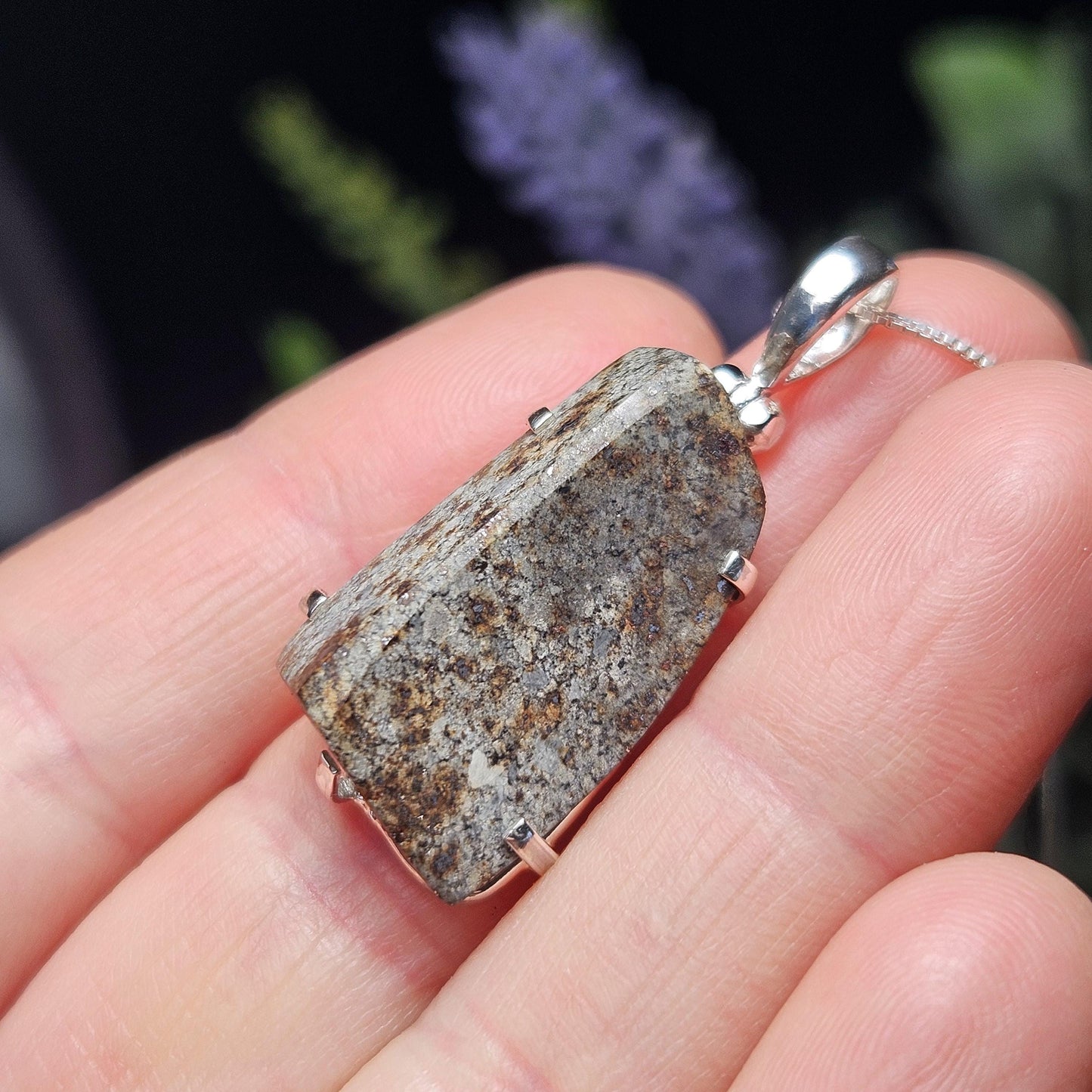 Chondrite Meteorite Pendant, Polished Meteor Sterling Silver Necklace