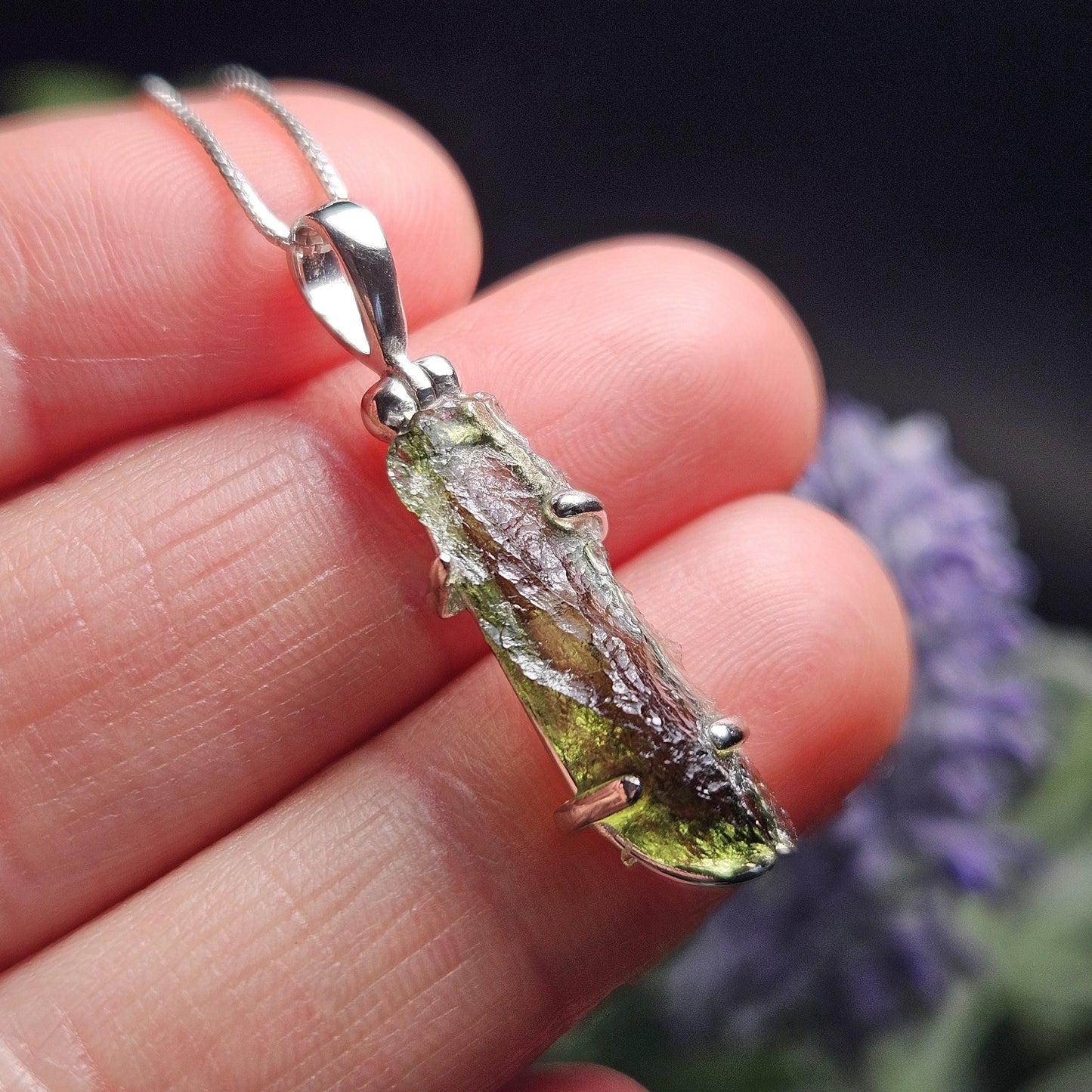 Genuine Moldavite Cystal Pendant, Moldavite Sterling Silver Necklace