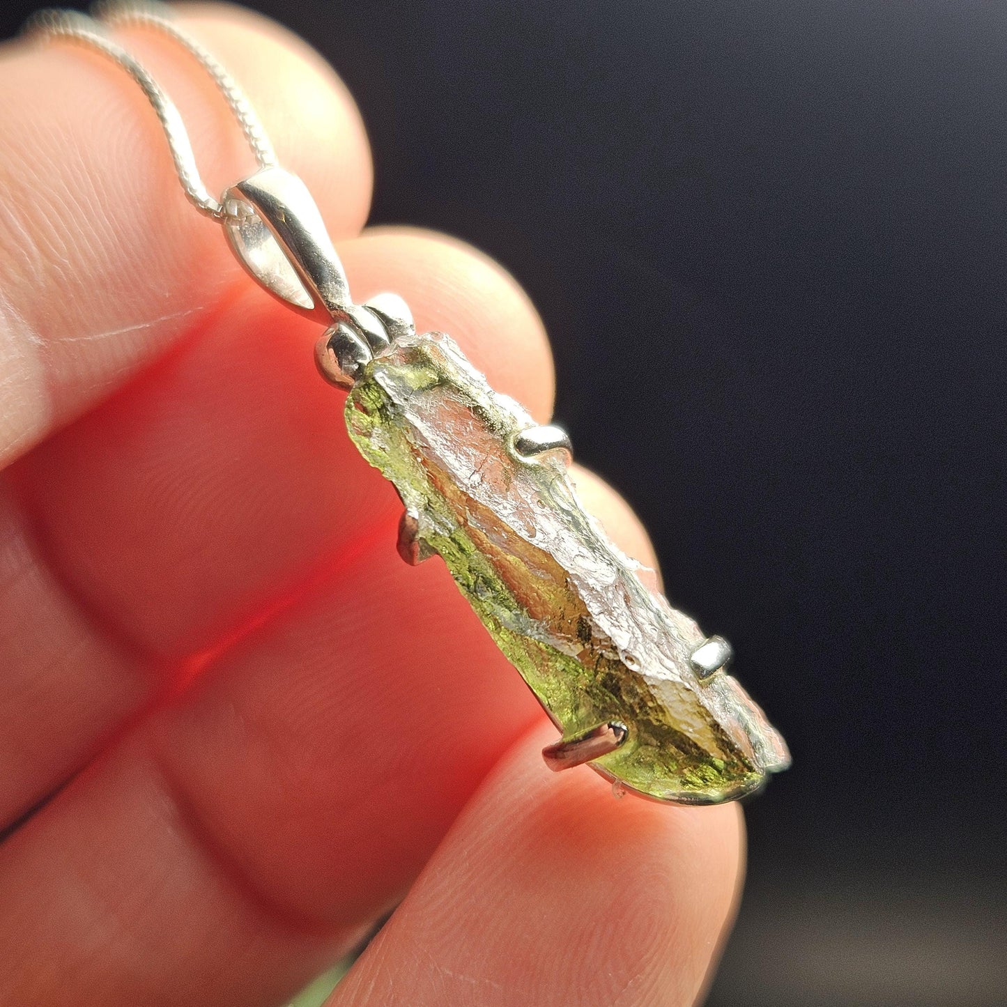 Genuine Moldavite Cystal Pendant, Moldavite Sterling Silver Necklace