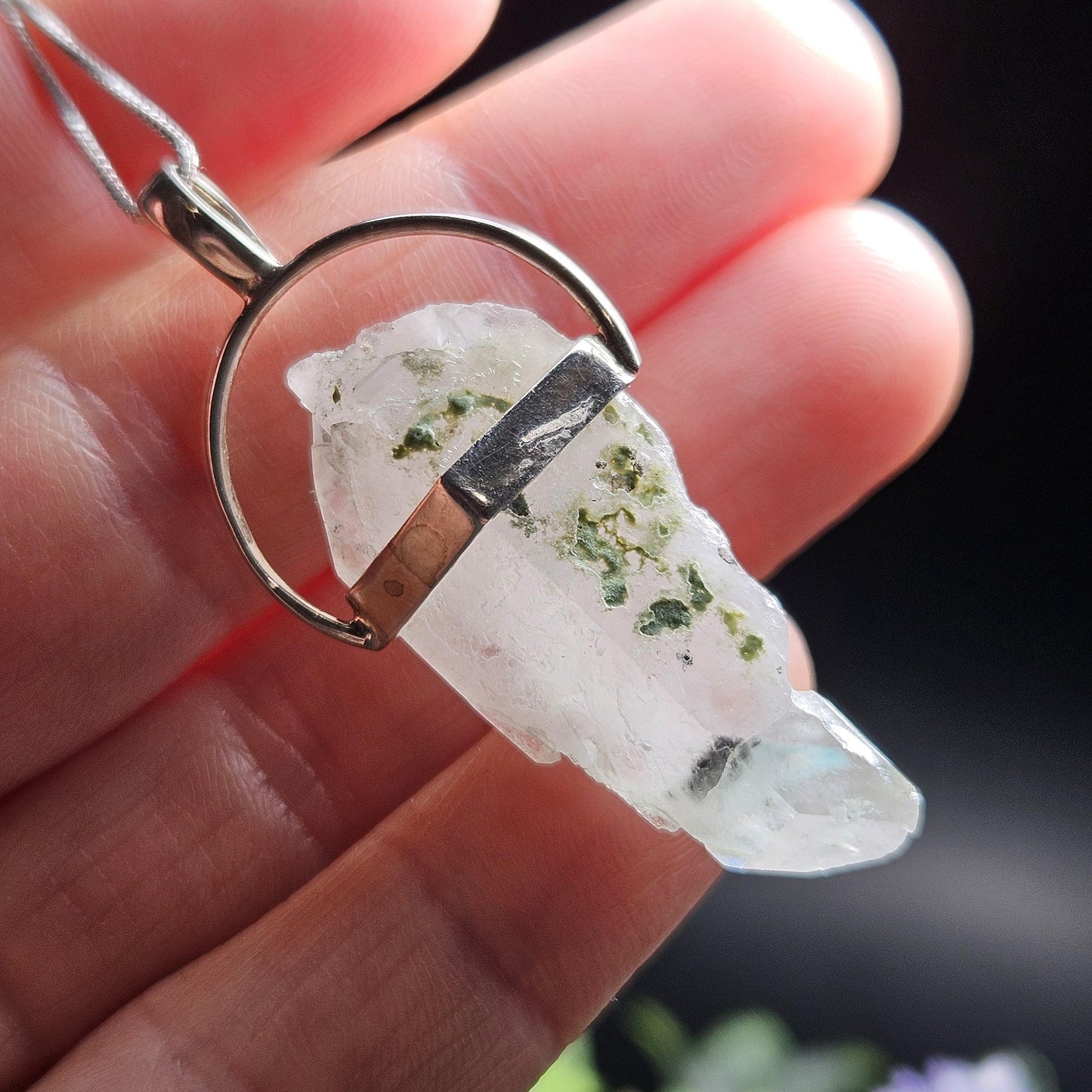 Ajoite Phantom in Quartz Crystal Pendant, Ajoite Sterling Silver Necklace