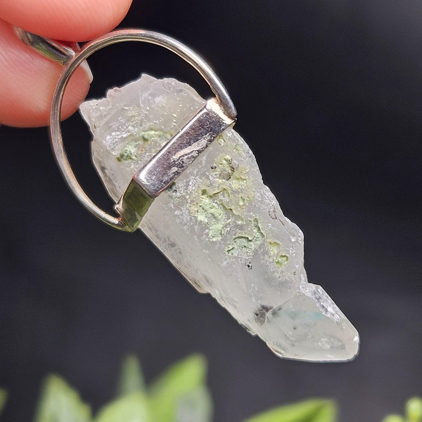 Ajoite Phantom in Quartz Crystal Pendant, Ajoite Sterling Silver Necklace